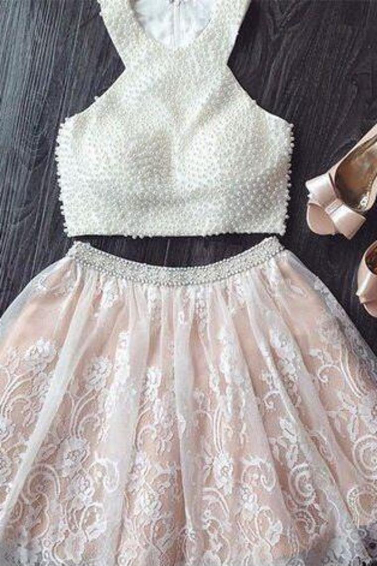 2024 Hot Selling Lovely A Line Scoop Two-Piece Beaded Bodice Homecoming Dresses