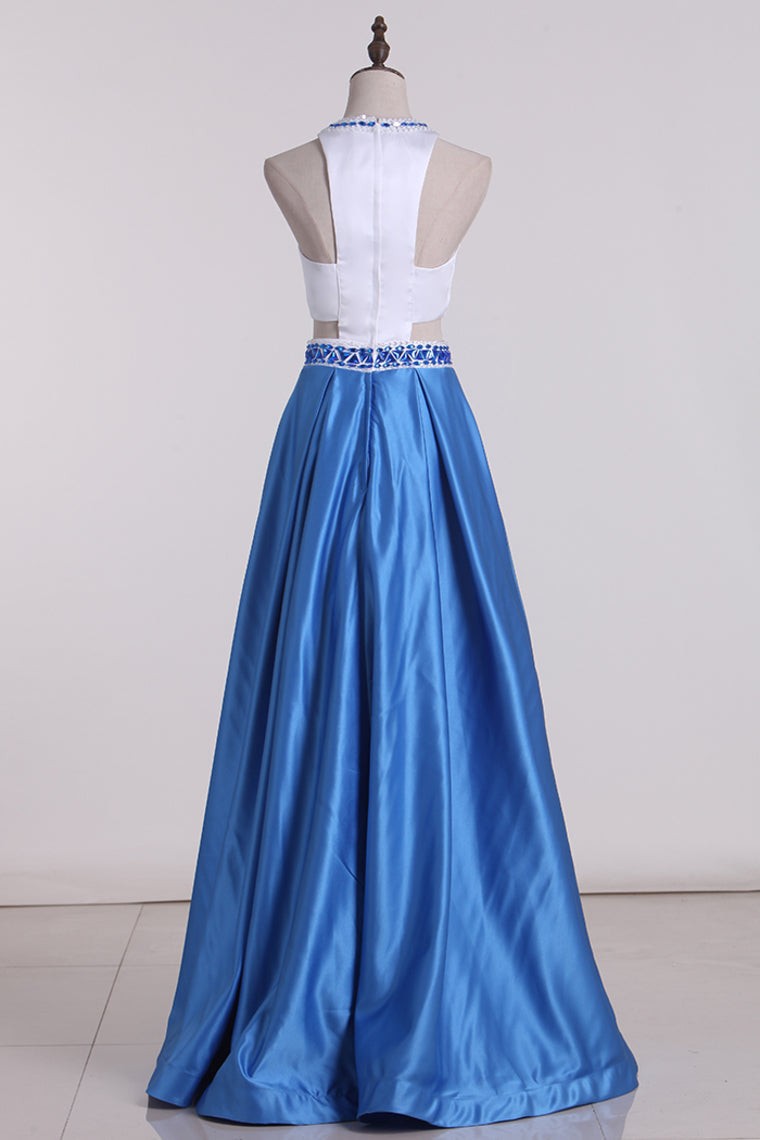 2024 Bicolor Scoop A Line Prom Dresses Satin With Beading Sweep Train