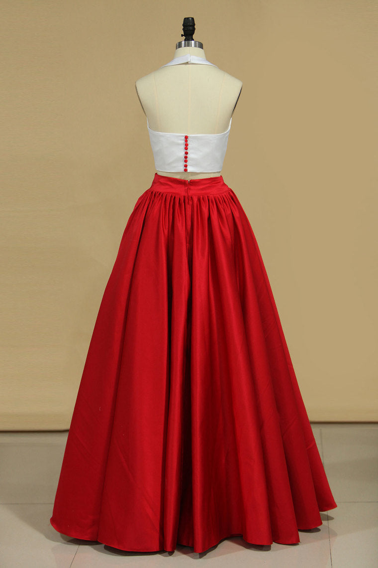 2024 Bicolor Two-Piece Halter A Line Prom Dresses Satin Floor Length