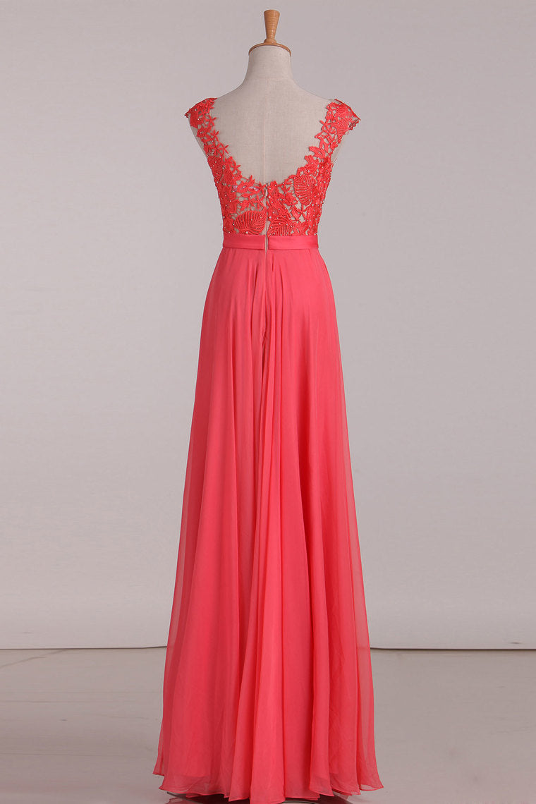 2024 Chiffon & Lace Scoop Prom Dresses A Line With Beading Floor Length