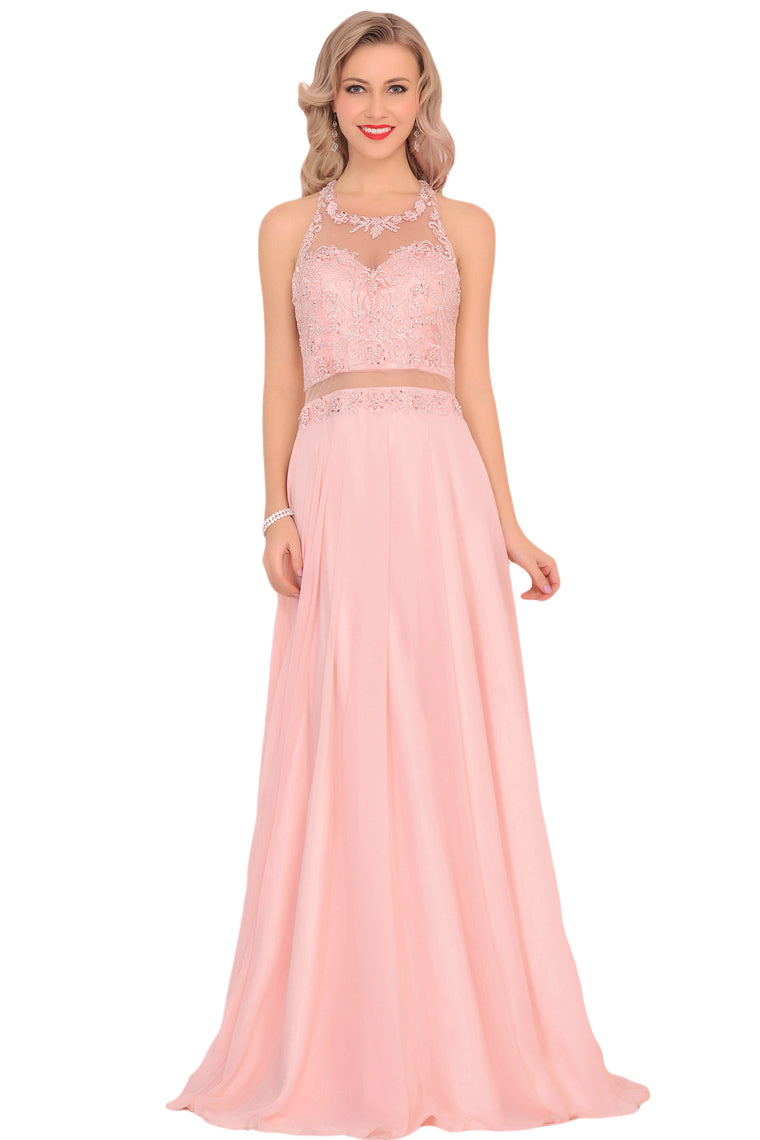 2024 Chiffon Halter Open Back Prom Dresses With Beads And Embroidery A Line