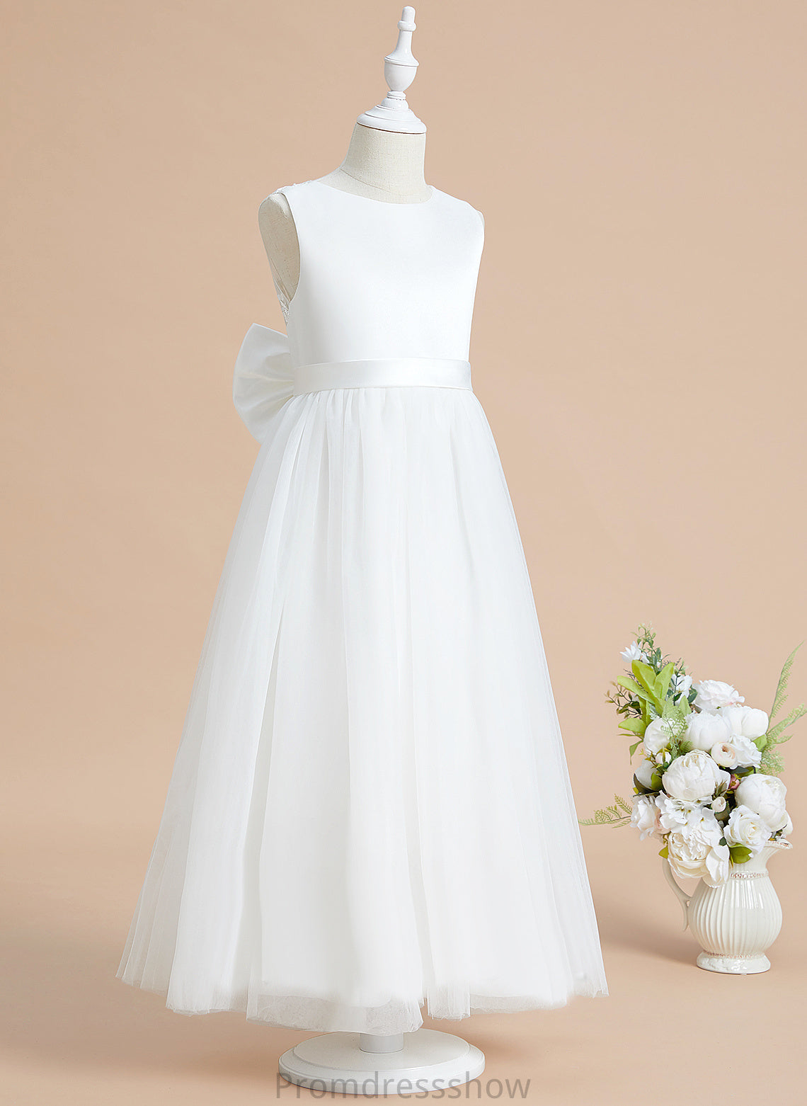 A-Line Flower Flower Girl Dresses Ankle-length Bianca With Sleeveless - Neck Satin/Tulle Girl Dress Lace/Bow(s) Scoop