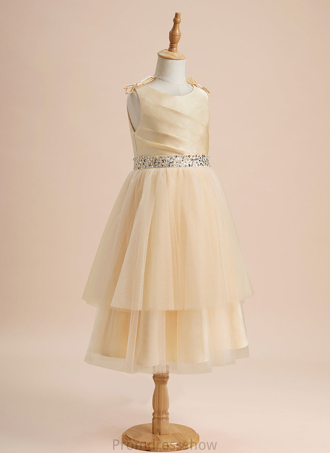 Dress - Beading/Sequins/Bow(s) A-Line Girl Scoop With Deanna Flower Sleeveless Knee-length Satin/Tulle Neck Flower Girl Dresses