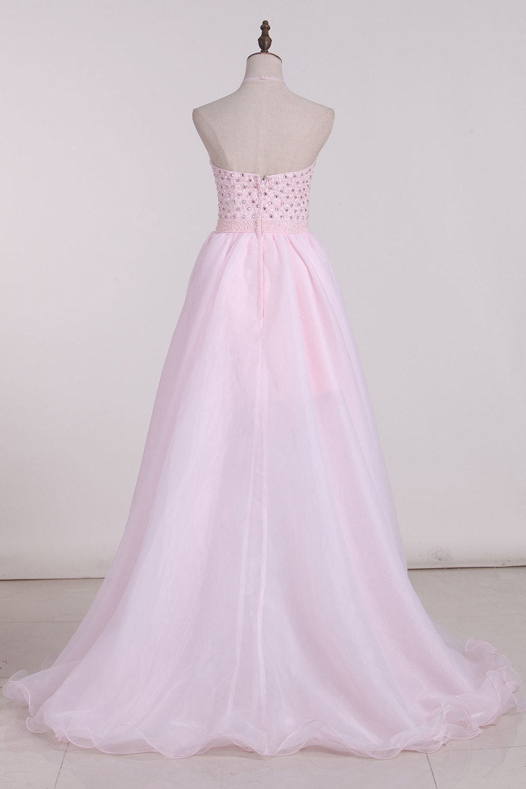 2024 Asymmetrical Halter Organza With Beading A Line Prom Dresses