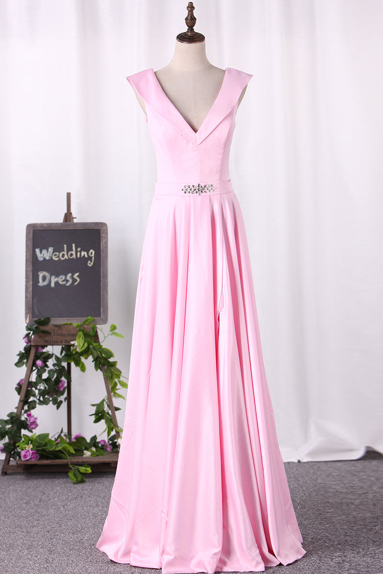 2024 A Line New Arrival Off The Shoulder Satin Evening Dresses With Slit Zipper Back