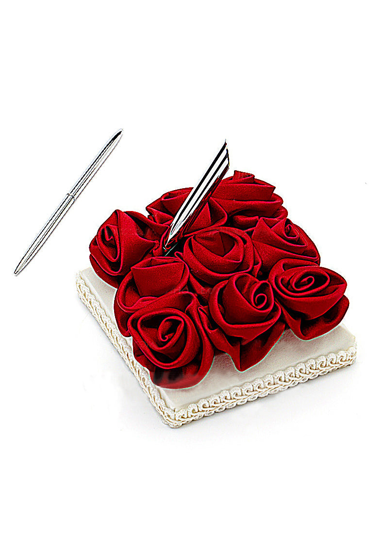 Bold Red Luxury Rose Lined Rose Guestbook & Pen Set