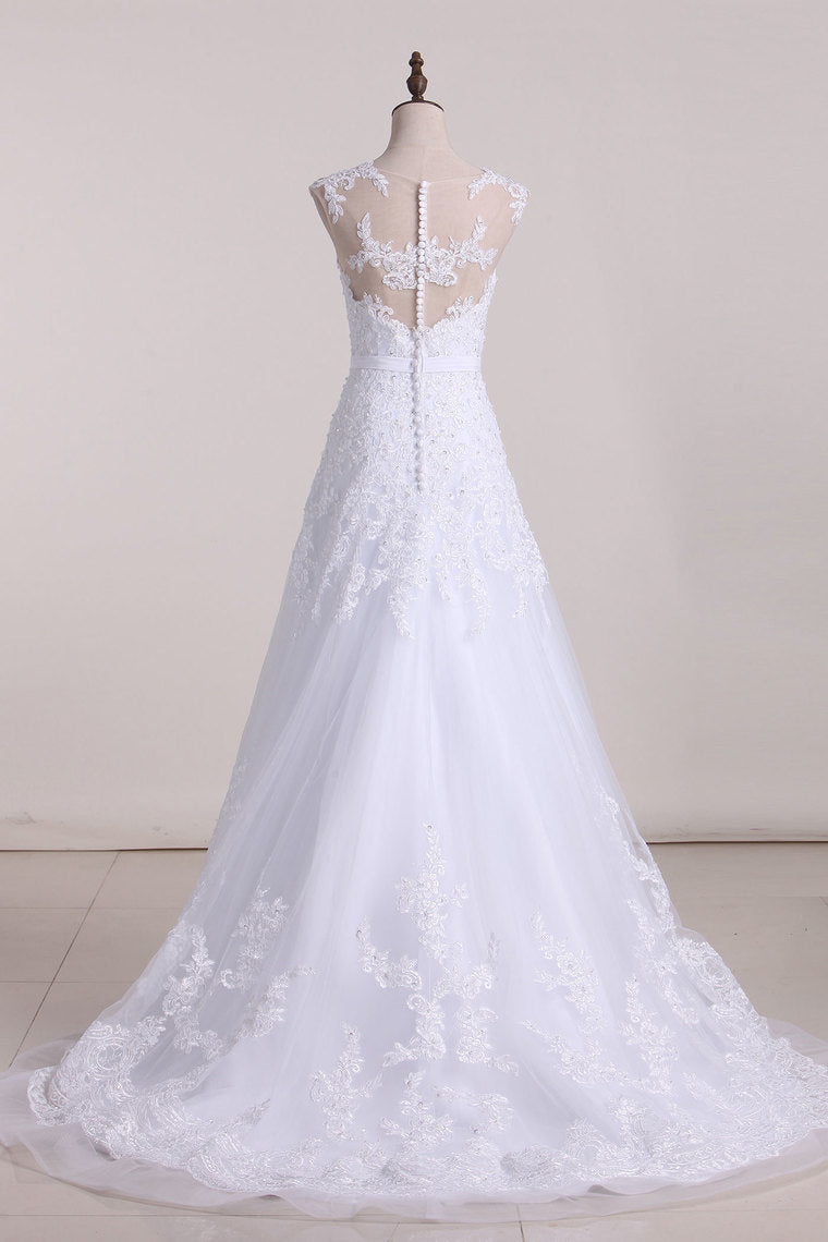 2024 Scoop A Line Wedding Dresses Tulle With Applique And Sash