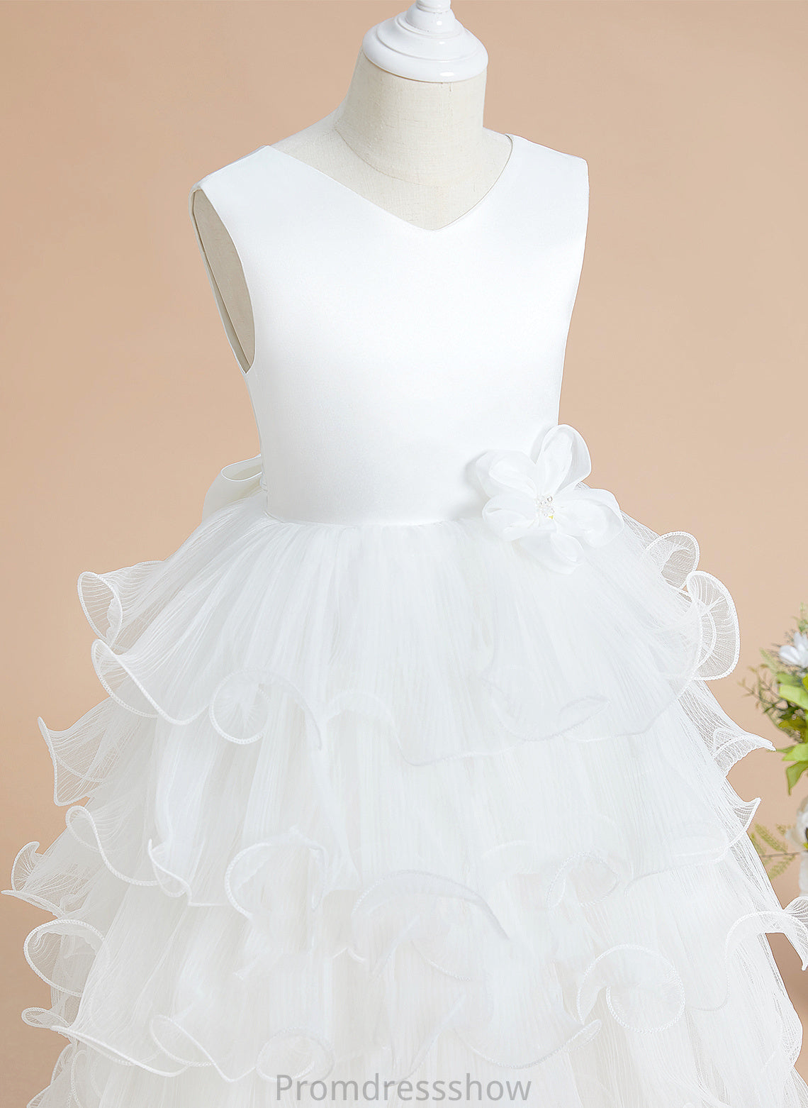 Satin/Tulle - Dress V-neck Girl Tea-length Flower Flower Girl Dresses Ball-Gown/Princess Sleeveless With Bow(s) Ellie