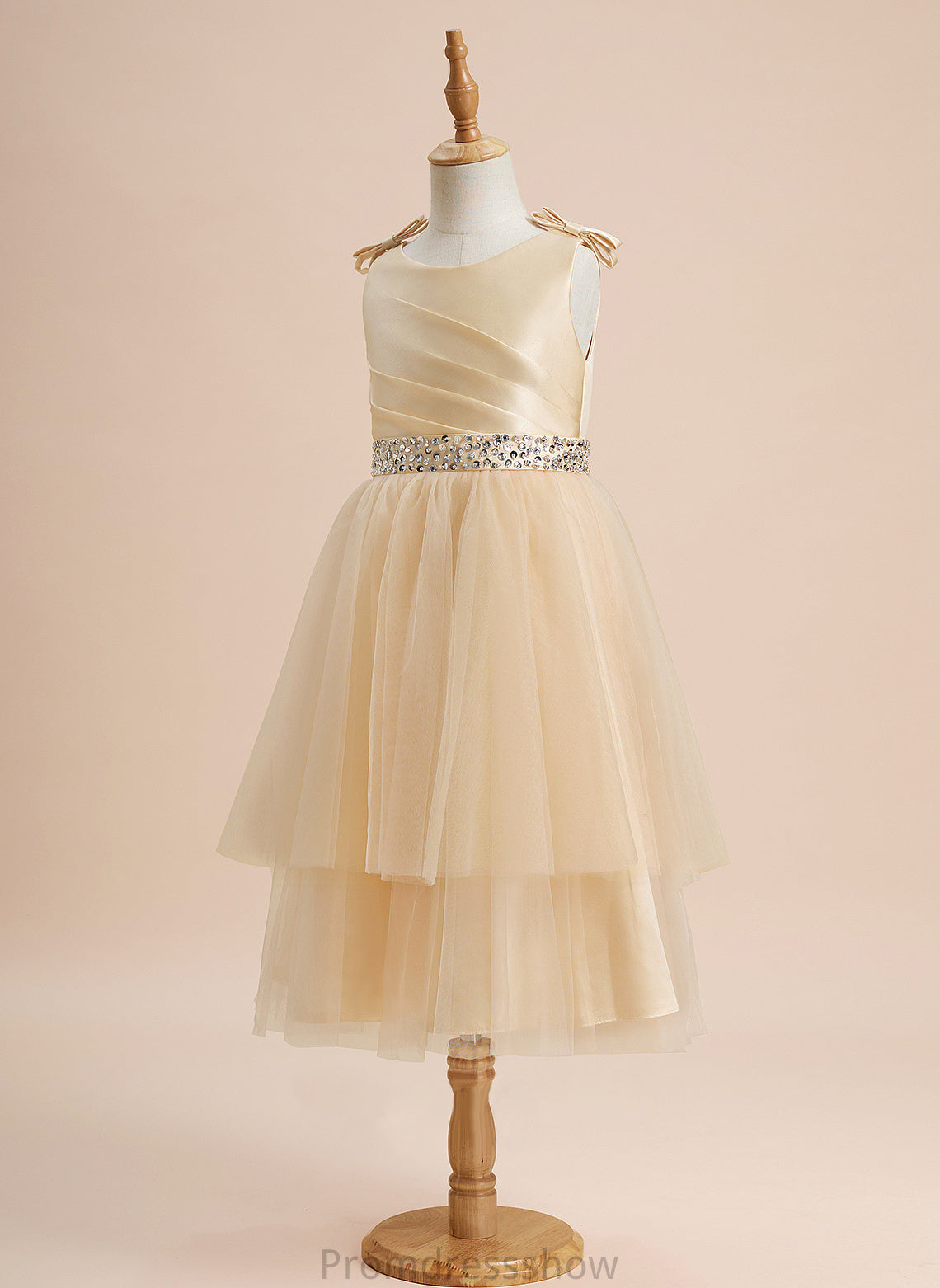 Dress - Beading/Sequins/Bow(s) A-Line Girl Scoop With Deanna Flower Sleeveless Knee-length Satin/Tulle Neck Flower Girl Dresses