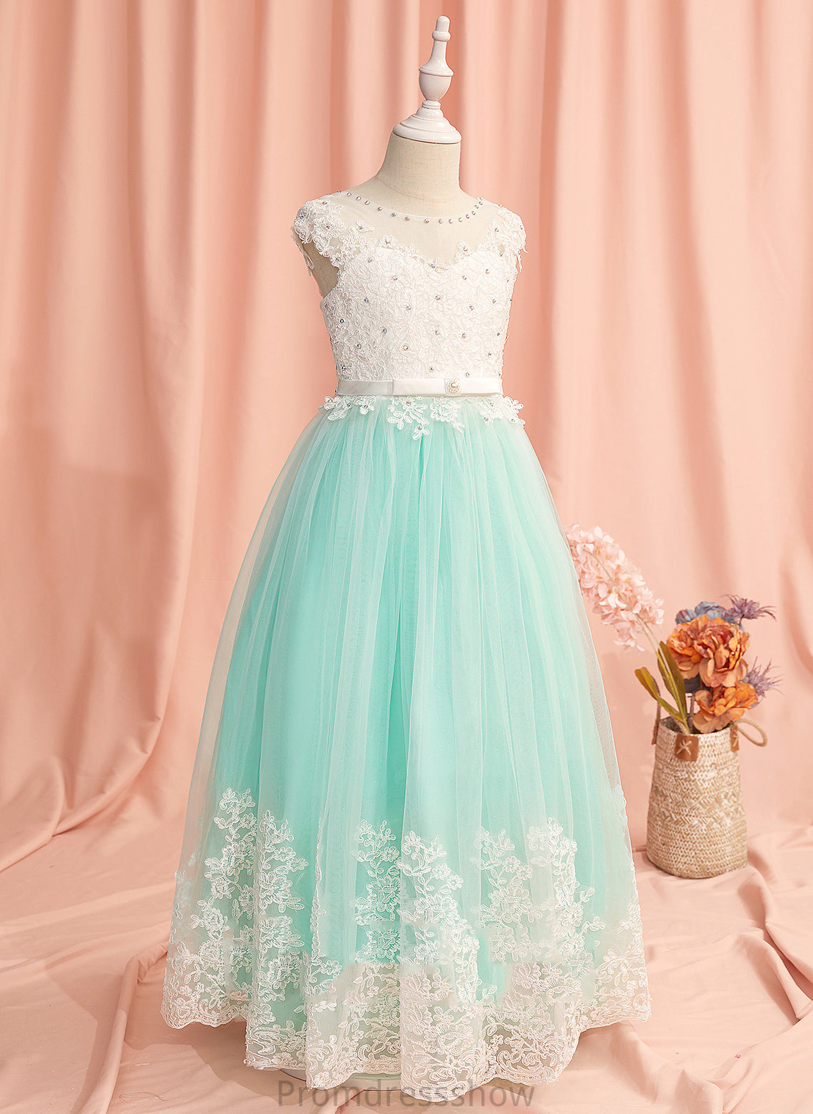 Dress Neck Girl Tulle Sleeveless Valentina Ball-Gown/Princess Back Flower Girl Dresses Floor-length Scoop Lace/Beading/Bow(s)/V With Flower -