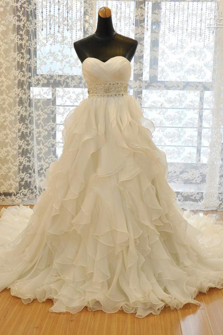 2024 Sweetheart Wedding Dress A Line Organza With Beads And Ruffles Chapel Train