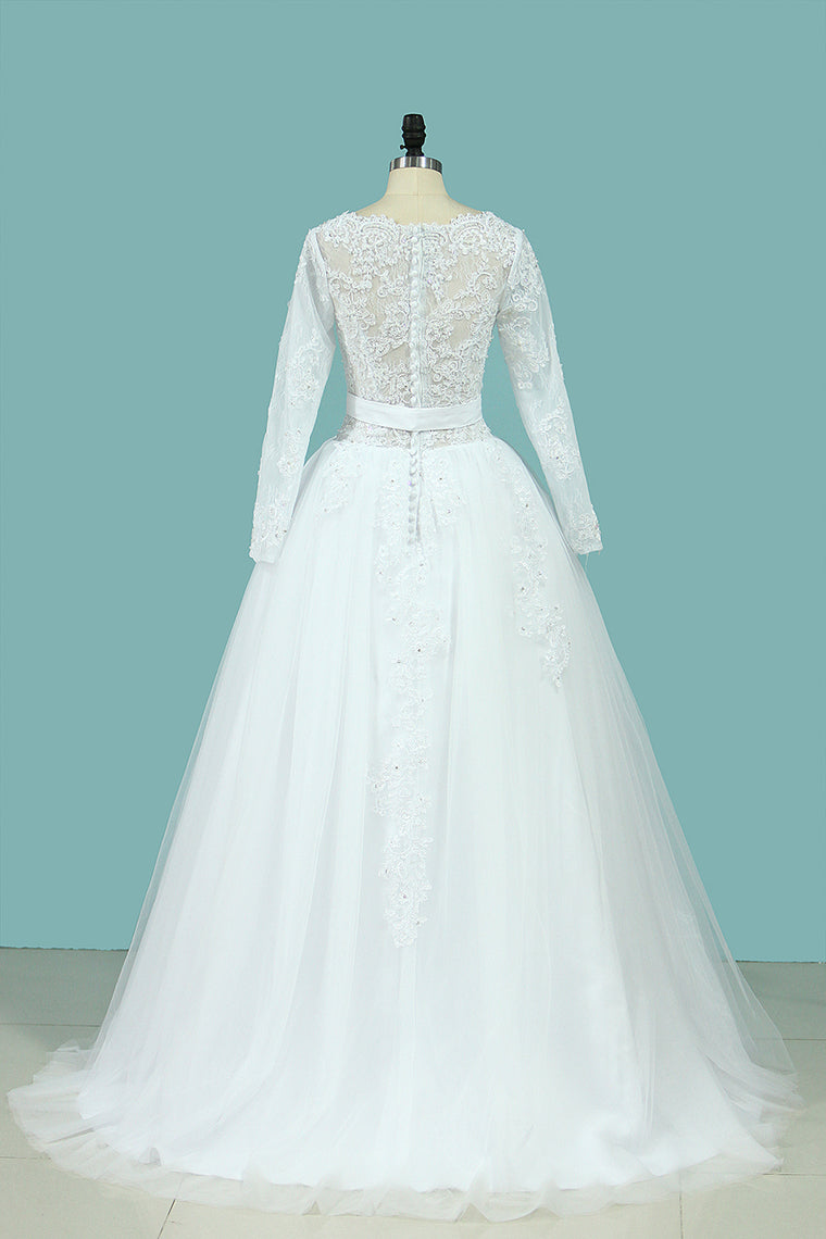 2024 A Line Wedding Dresses Long Sleeves Scoop With Applique Court Train