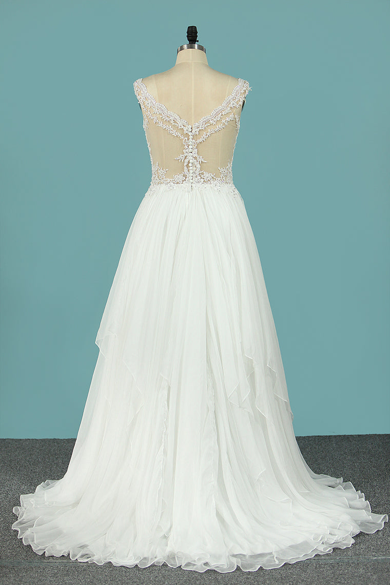 2024 Straps 30D Chiffon Wedding Dresses A Line With Applique Sweep Train