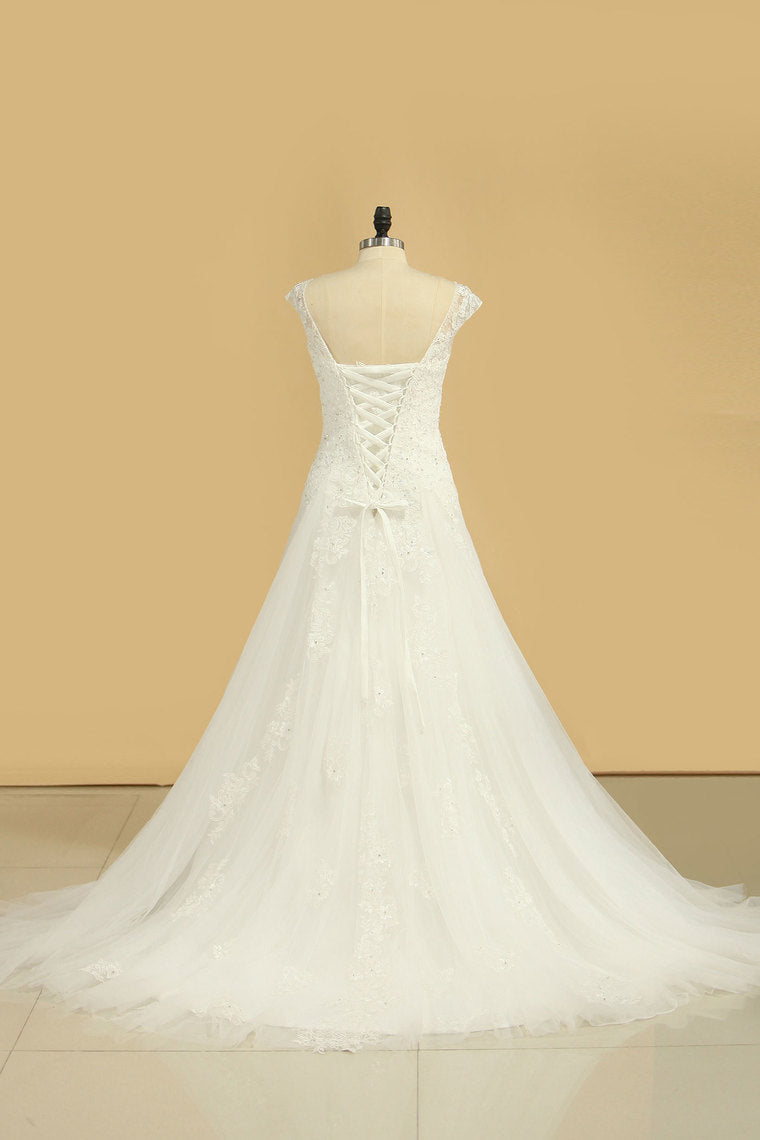 2024 V Neck A Line Wedding Dresses Tulle With Applique Court Train