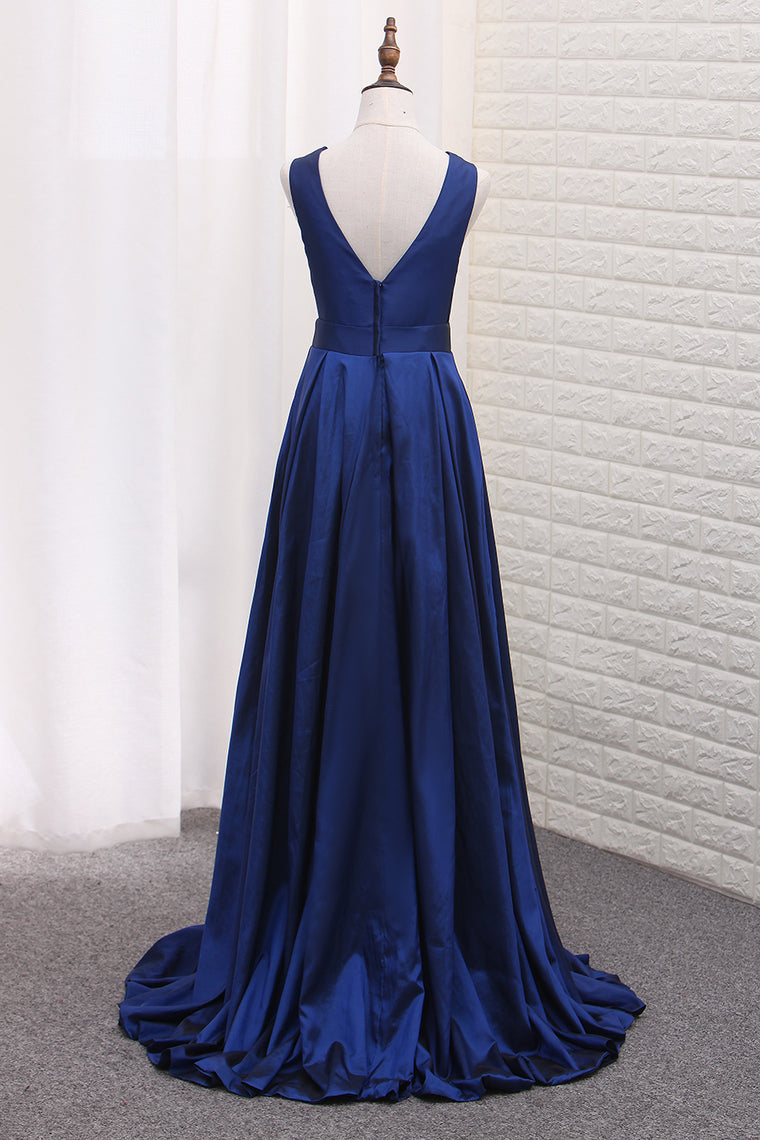 2024 A Line Taffeta Deep V Neck Evening Dresses Sweep Train