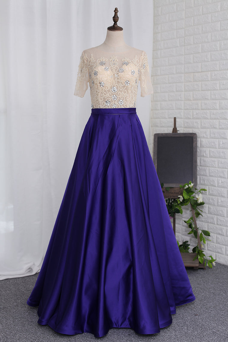 2024 A Line Prom Dresses Scoop Beaded Bodice Short Sleeves Satin