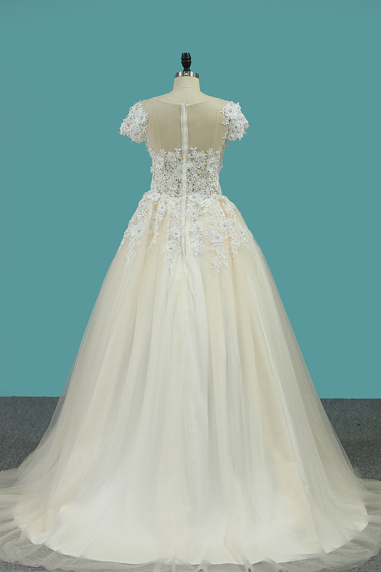 2024 Scoop Short Sleeve With Applique Tulle Court Train Wedding Dresses