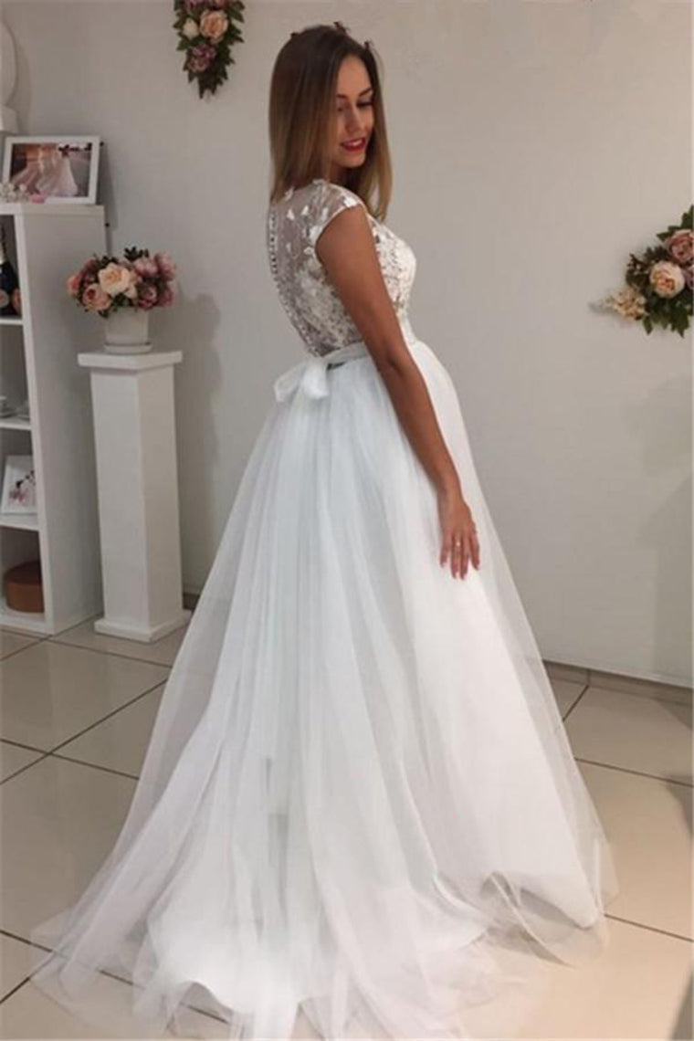 2024 Scoop A Line Wedding Dresses Tulle With Applique Sweep Train