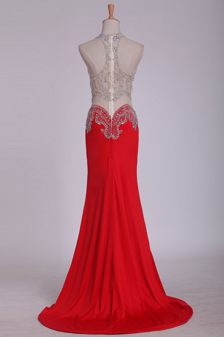 2024 Prom Dresses Scoop Spandex With Beading And Slit Sweep Train Sheath