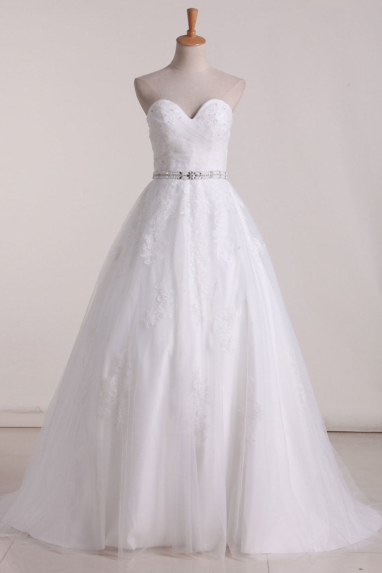 2024 Sweetheart Wedding Dresses A Line Tulle With Applique Sweep Train