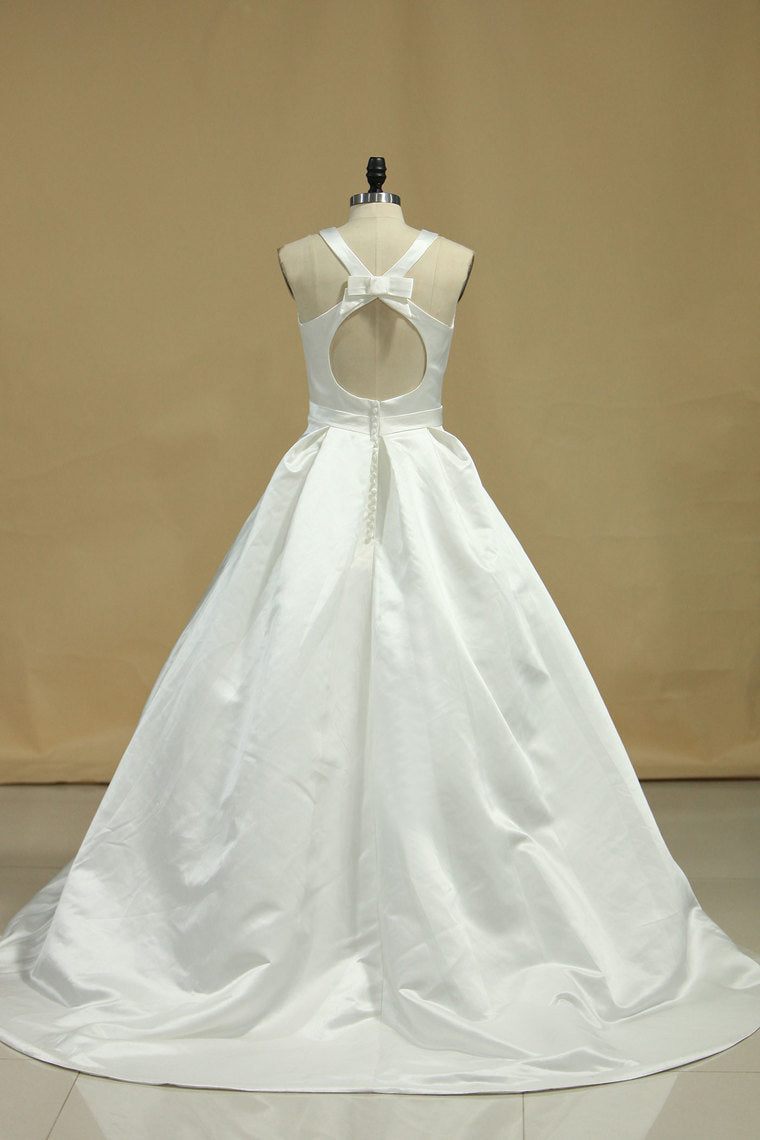 2024 Open Back Scoop A Line Wedding Dresses Satin Sweep Train