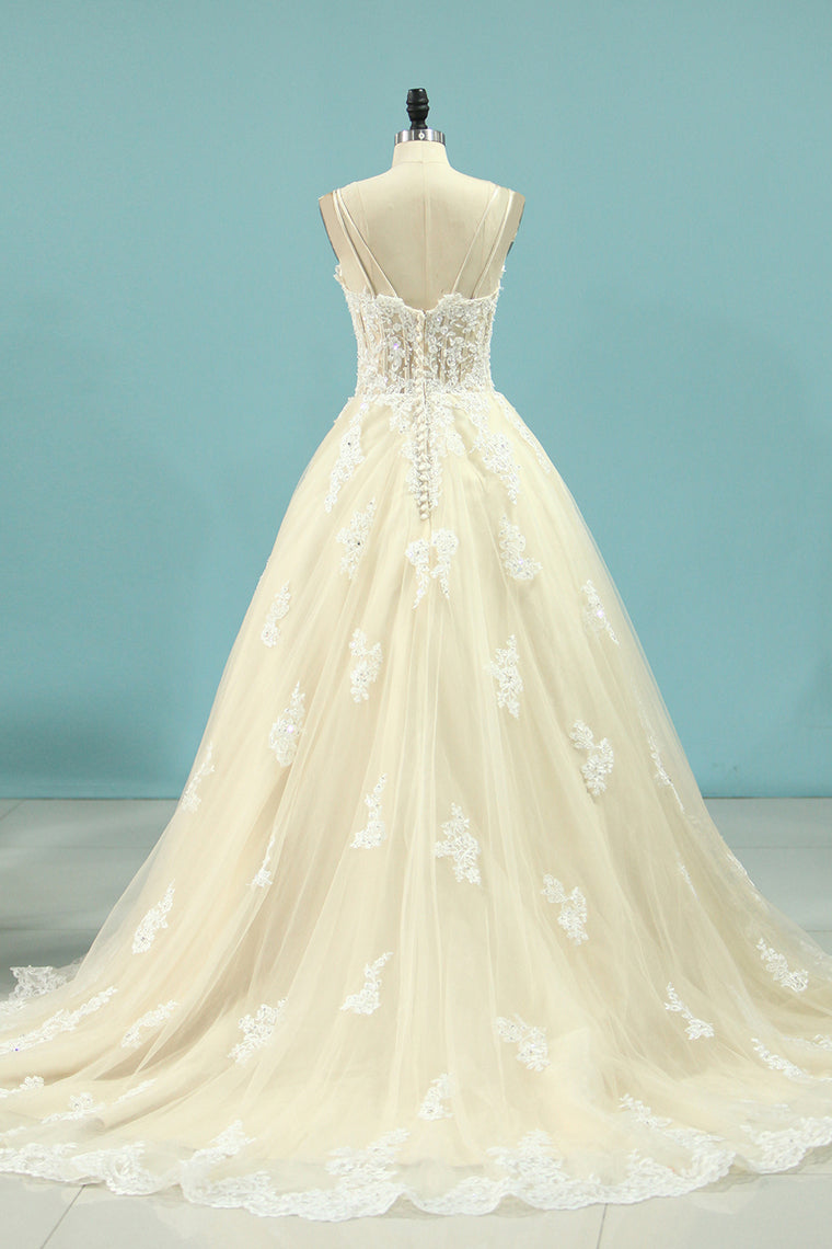 2024 New Arrival Wedding Dresses A Line Tulle Spaghetti Straps With Applique