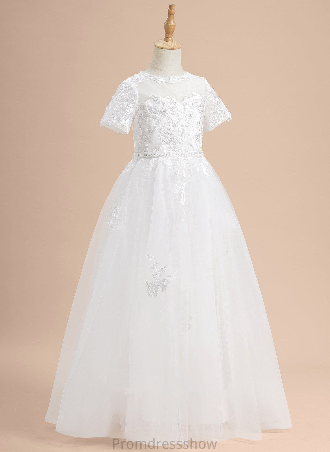 Girl Marie - With Neck Short Sleeves Ball-Gown/Princess Lace/Beading/Sequins Flower Girl Dresses Flower Dress Scoop Floor-length Tulle