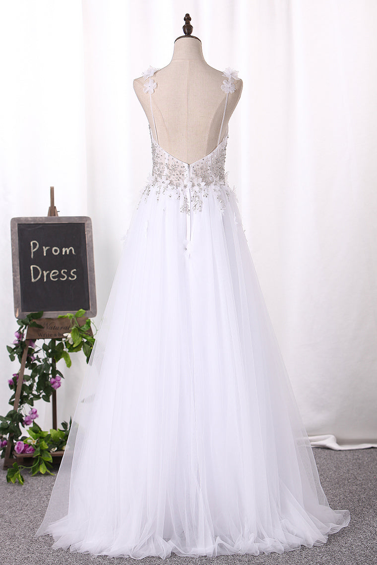 2024 Spaghetti Straps Wedding Dresses A Line Tulle With Beads And Handmade Flower