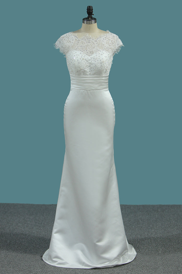 2024 Satin Mermaid Scoop Wedding Dresses With Ruffles Court Train Detachable