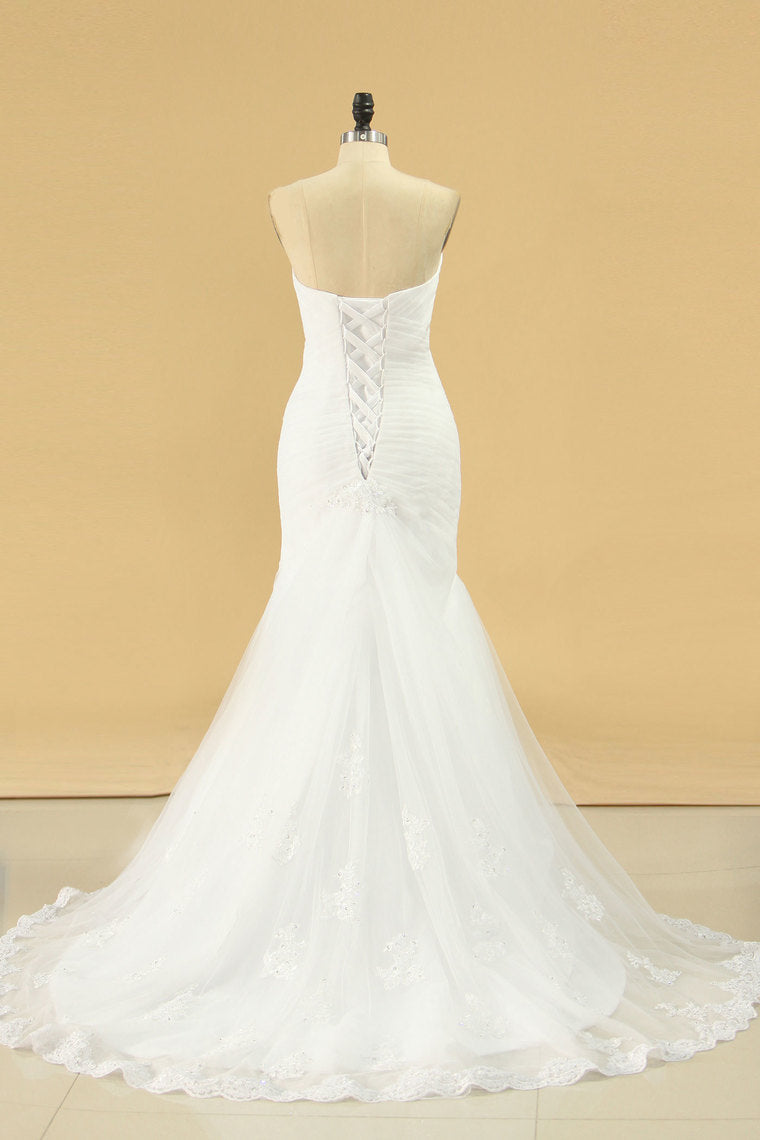 2024 Tulle Sweetheart Ruched Bodice Wedding Dresses With Applique Mermaid