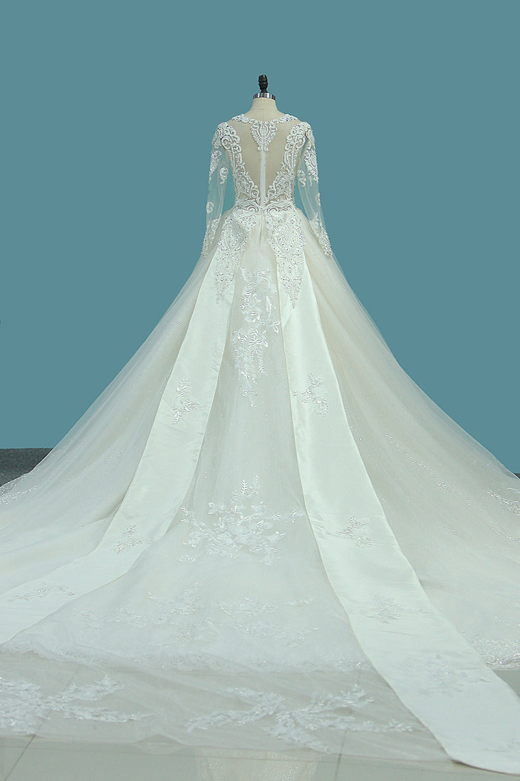 2024 Gorgeous Wedding Dresses Scoop Tulle With Beadings Zipper Back Royal Train