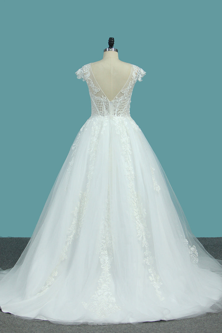 2024 Scoop Short Sleeves Tulle A Line Wedding Dresses With Applique Chapel Train