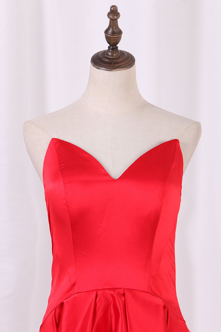 2024 Asymmetrical Prom Dresses V Neck Satin Red