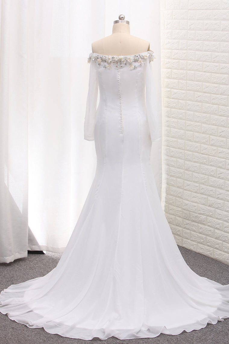 2024 Long Sleeves Chiffon Off The Shoulder Mermaid Wedding Dresses With Beading