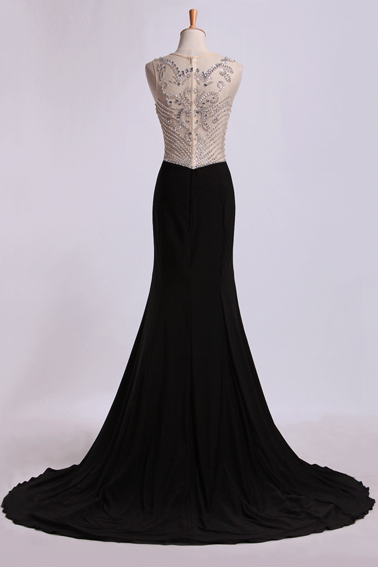 2024 Bateau Prom Dresses Sheath/Column Spandex With Beads Sweep Train