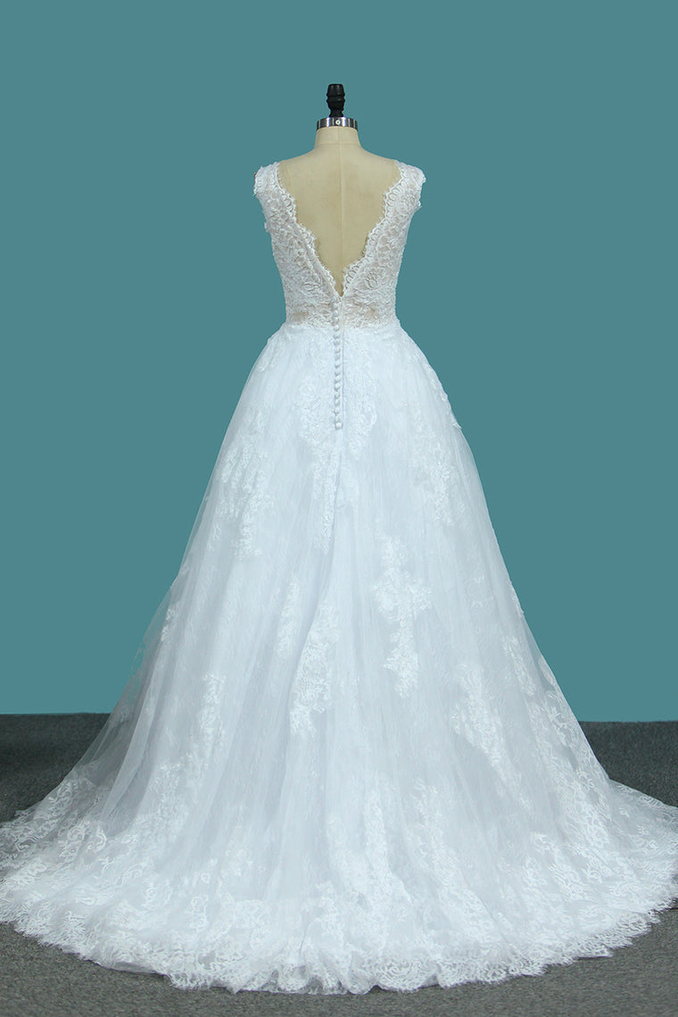 2024 A Line Lace V Neck Wedding Dresses With Applique Open Back Court Train