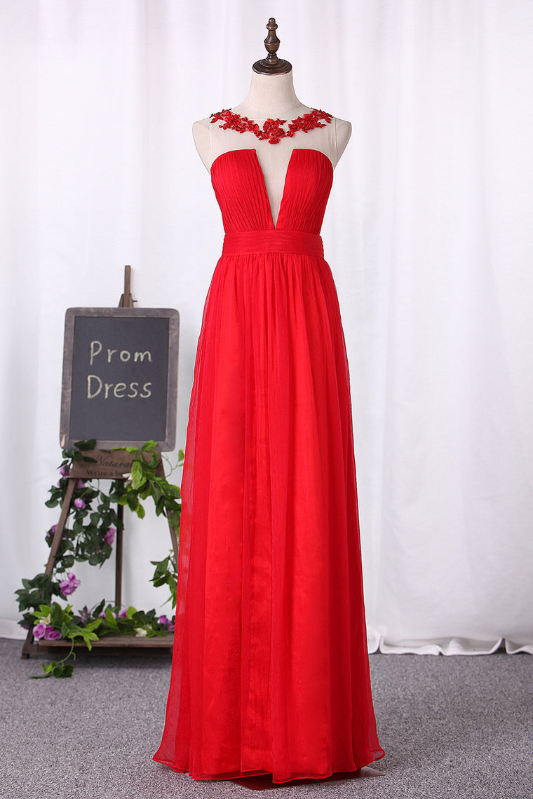 2024 A Line Prom Dresses Chiffon Scoop With Ruffles And Applique