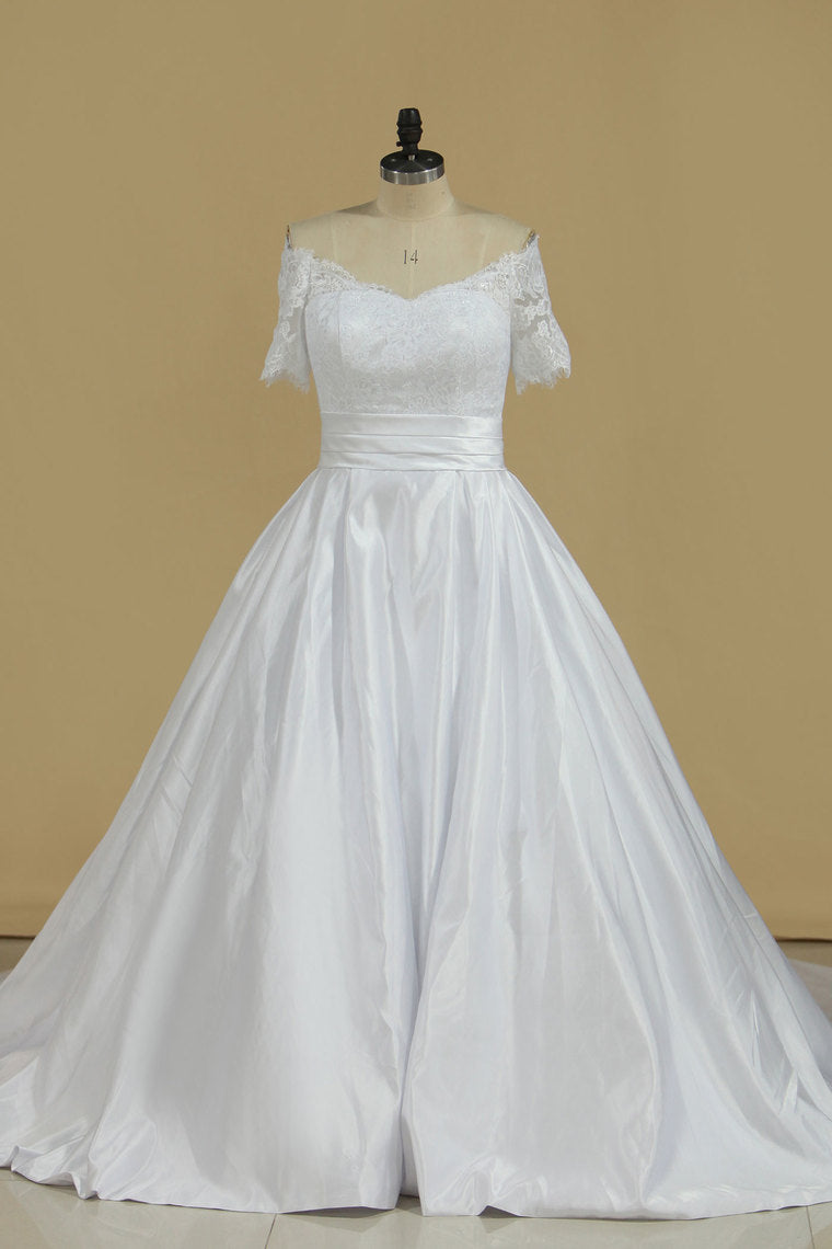 2024 New Arrival Wedding Dresses V Neck Short Sleeves Satin A Line