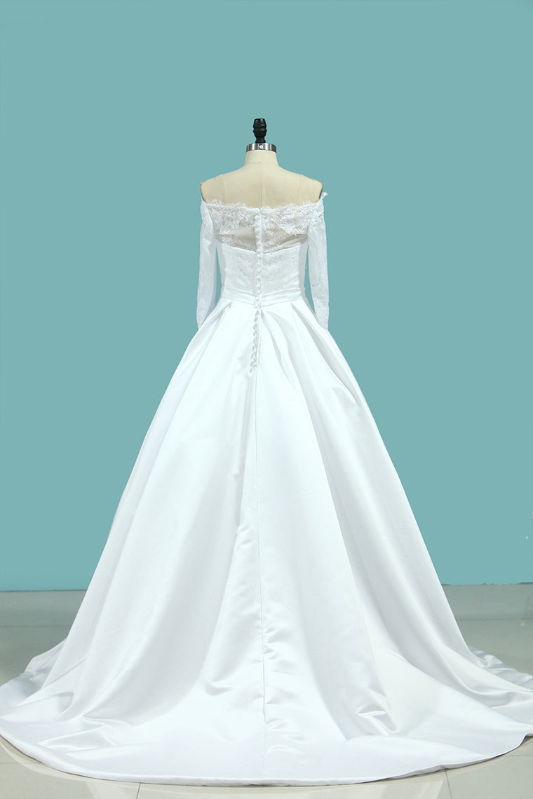 2024 Boat Neck Wedding Dresses Mid-Length Sleeves Satin With Applique