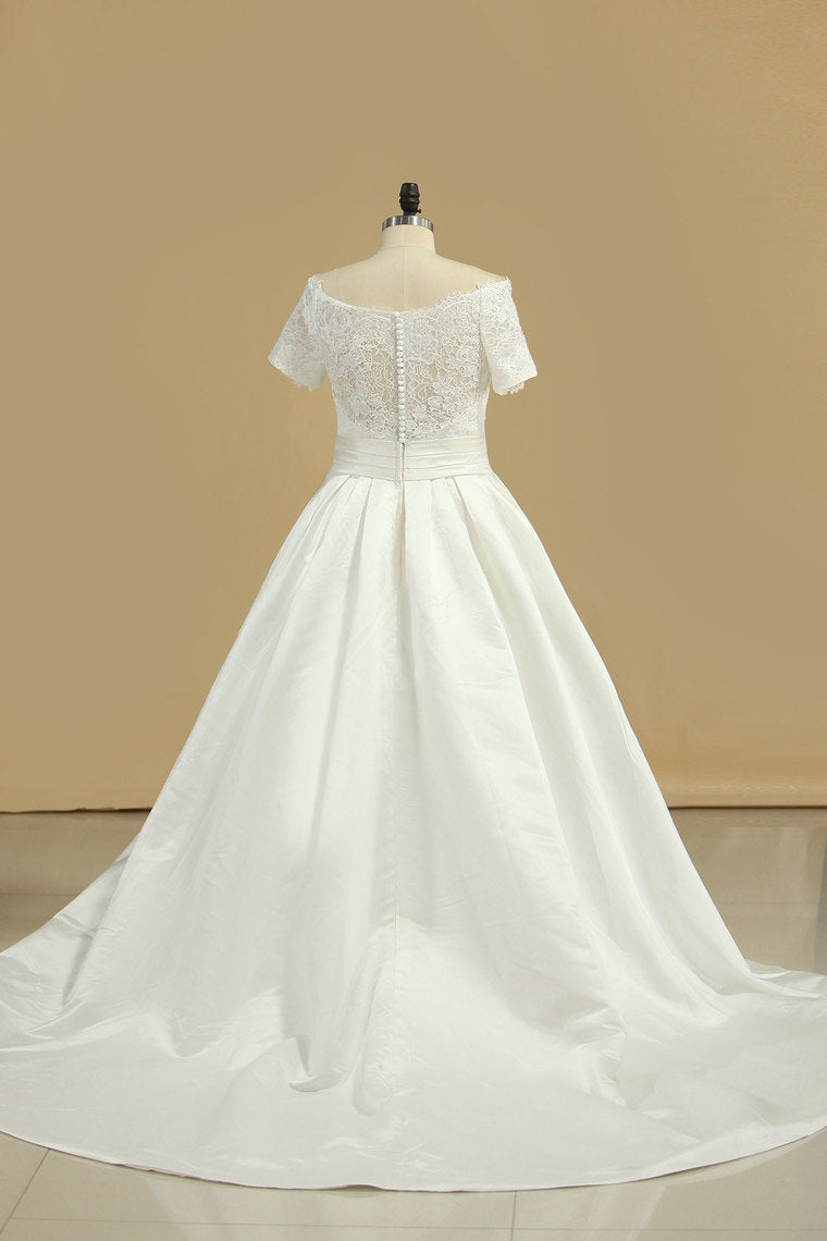 2024 New Arrival Wedding Dresses V Neck Short Sleeves Satin A Line