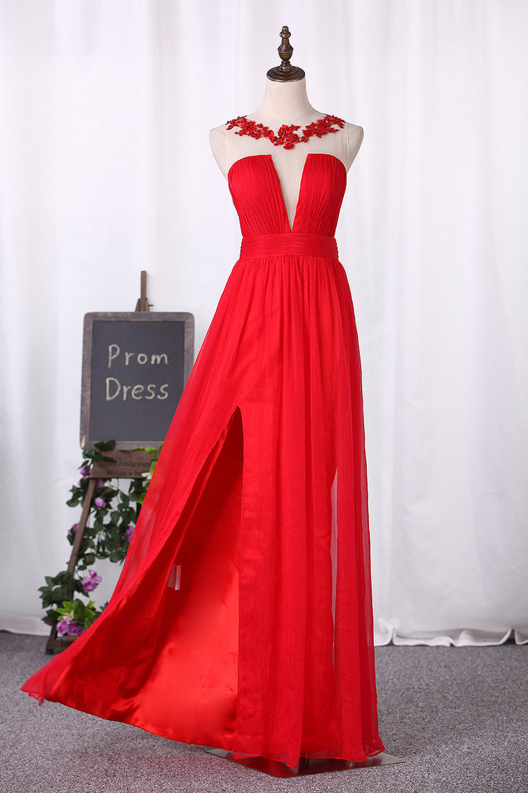 2024 A Line Prom Dresses Chiffon Scoop With Ruffles And Applique