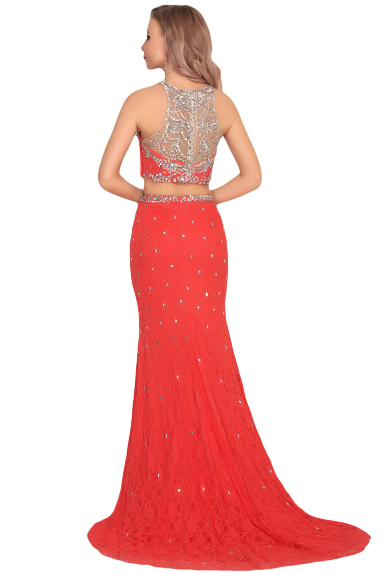 2024 Boat Neck Lace With Beading&Rhinestones Mermaid Sweep Train Prom Dresses