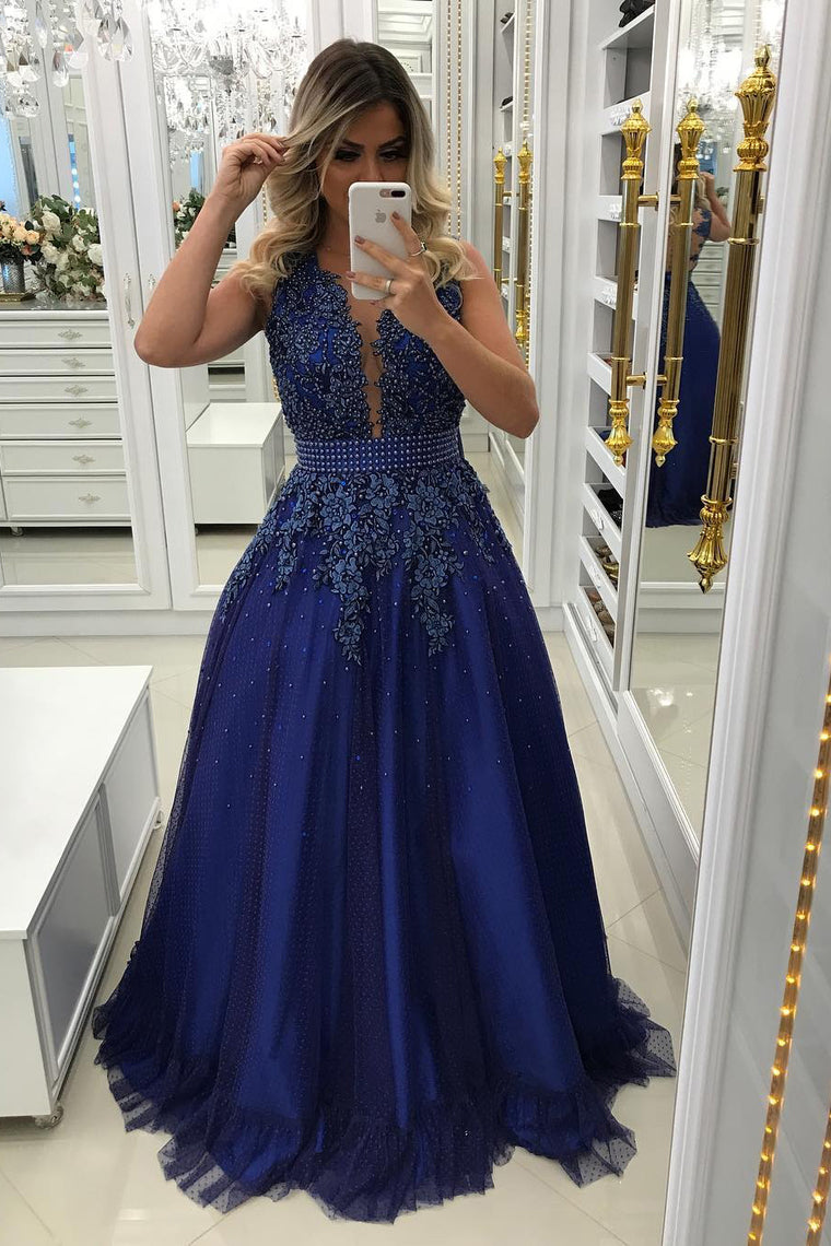 2024 A Line Scoop Tulle Prom Dresses With Applique And Beads