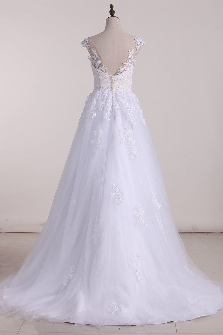 2024 Sexy Open Back Wedding Dresses Bateau Tulle With Applique A Line