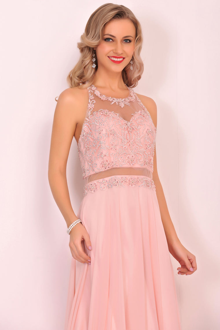 2024 Chiffon Halter Open Back Prom Dresses With Beads And Embroidery A Line