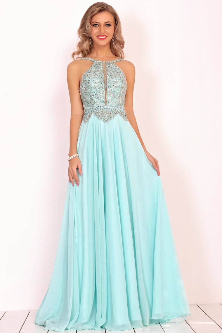 2024 A Line Chiffon Spaghetti Straps Prom Dresses With Beading Floor Length