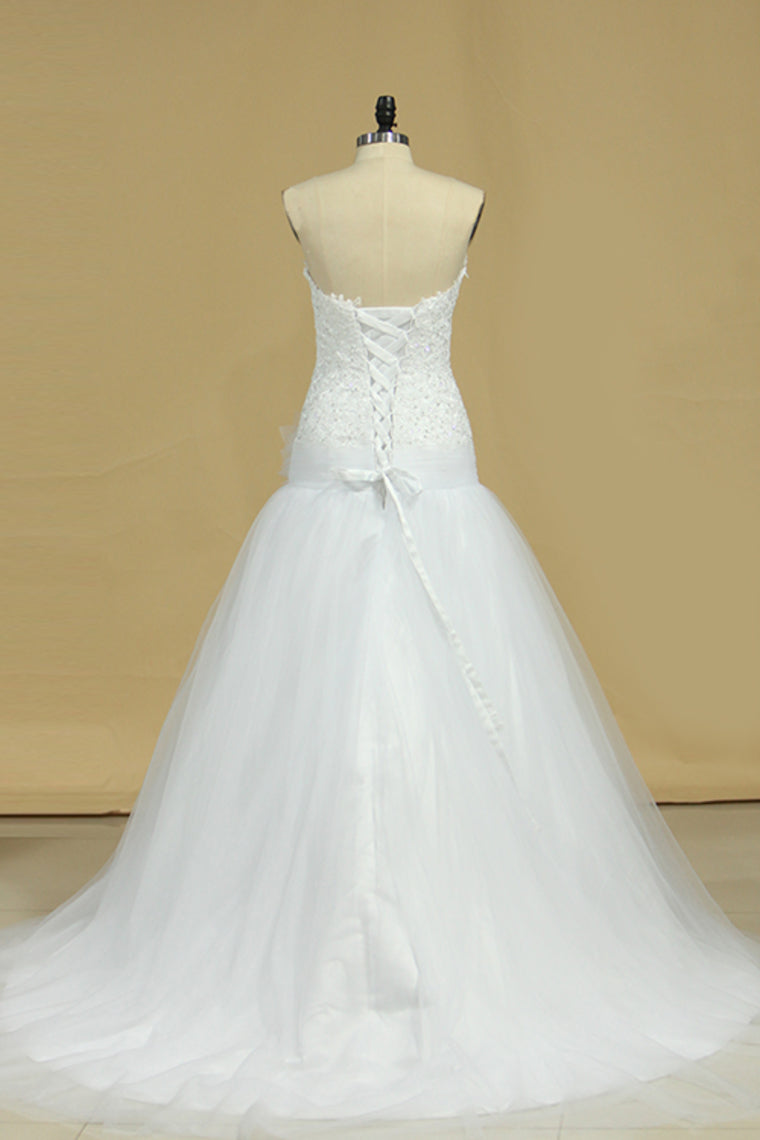 2024 Tulle Sweetheart With Applique Wedding Dresses A Line Sweep Train