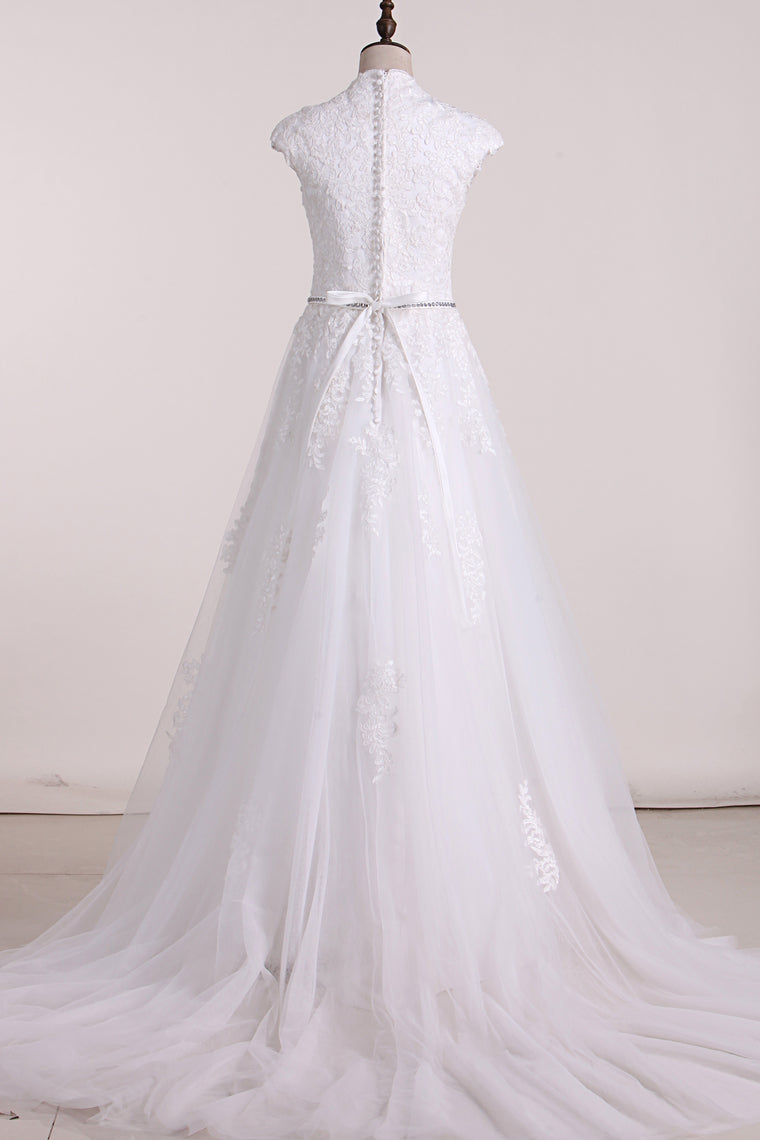 2024 A Line V Neck With Applique Wedding Dresses Tulle Court Train