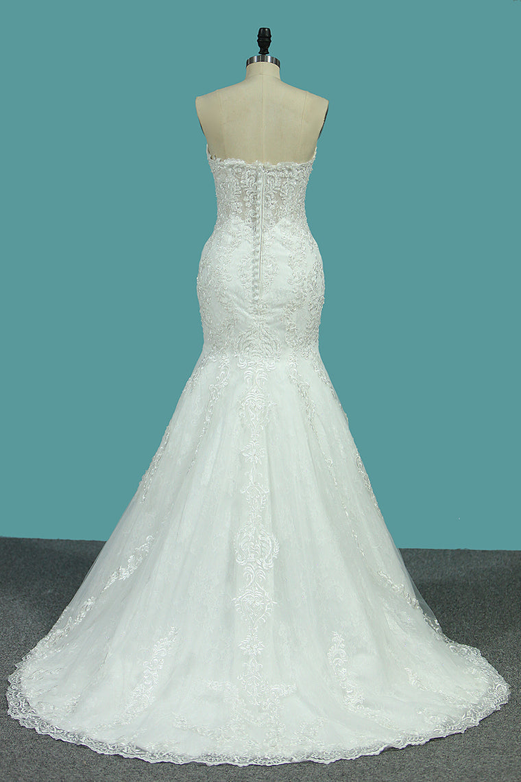 2024 Sweetheart Mermaid Wedding Dresses Tulle With Applique Court Train