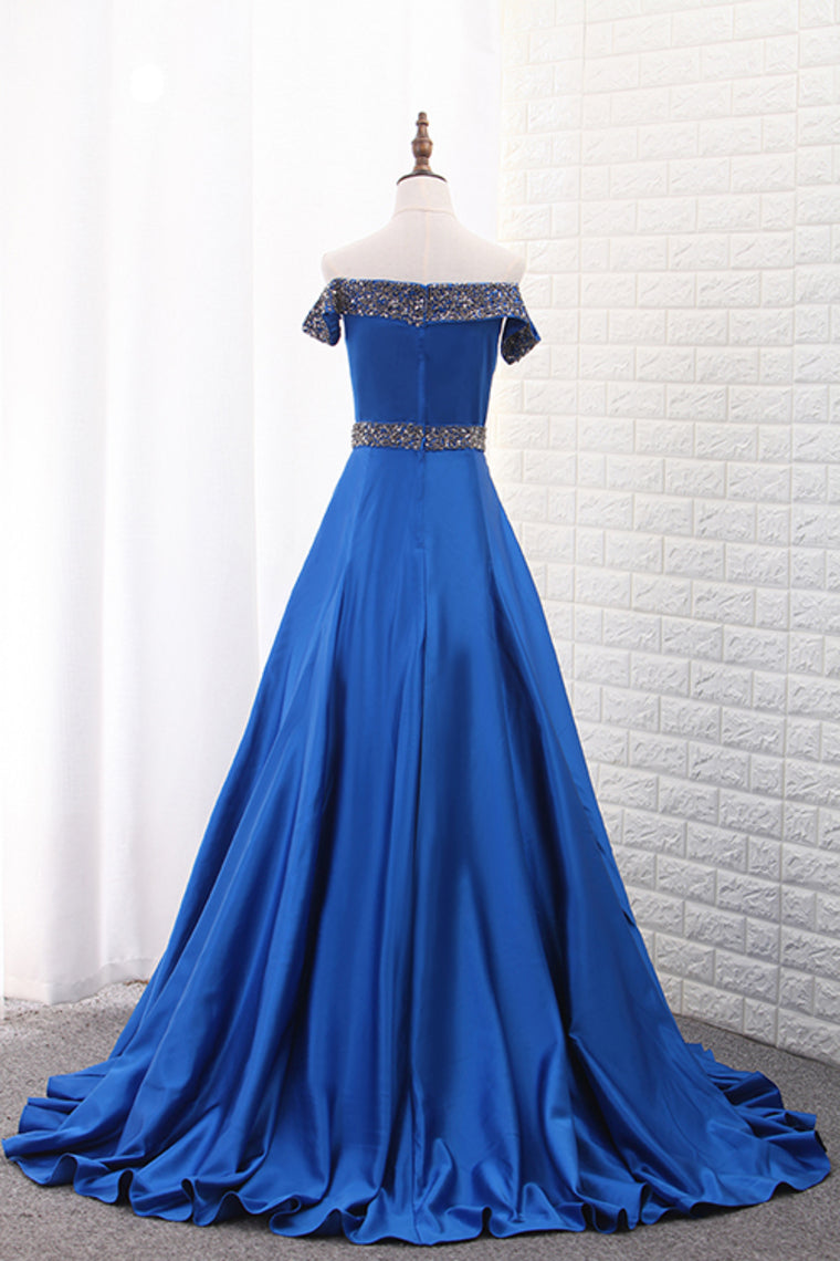 2024 Boat Neck Satin A Line With Beads Sweep Train Prom Dresses